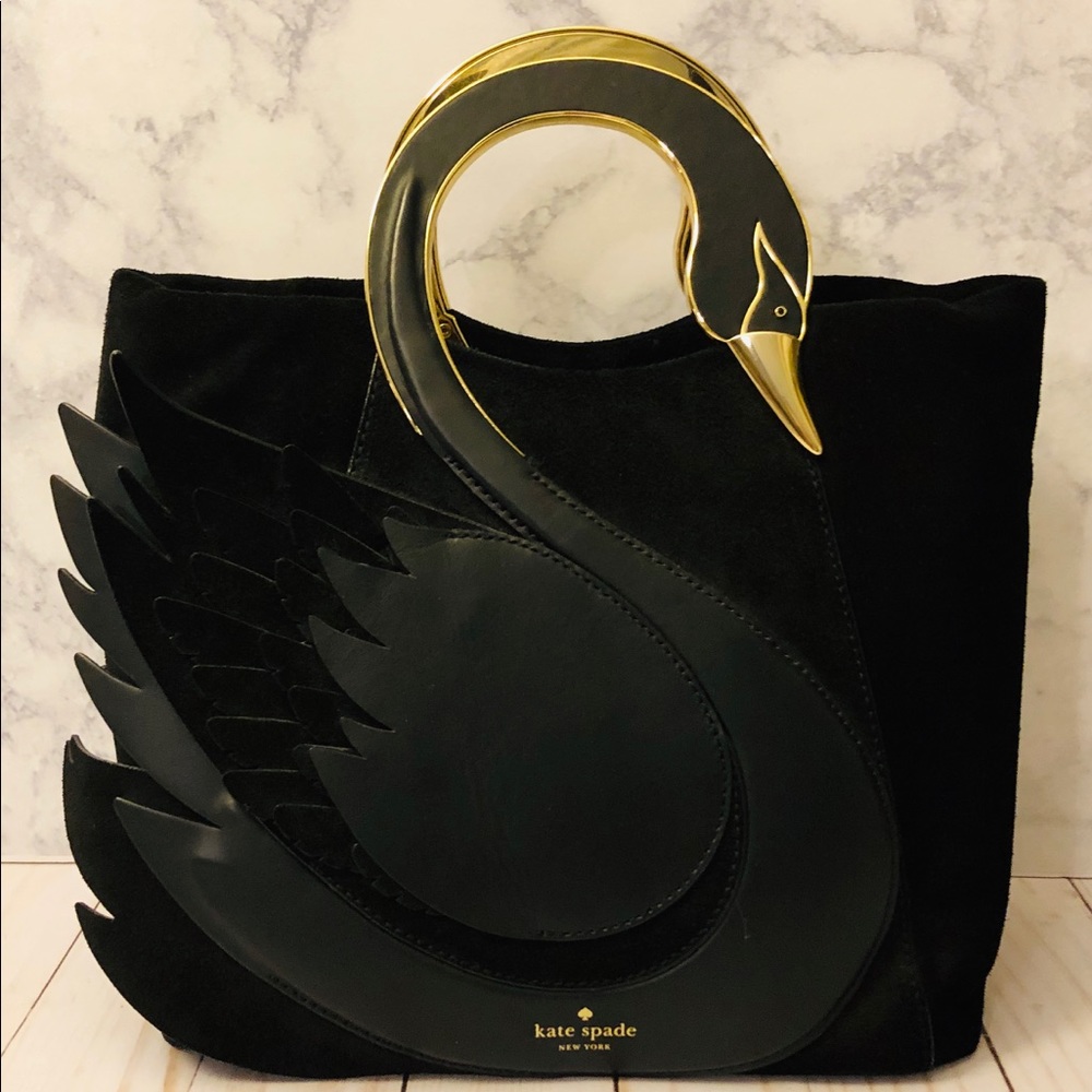 Kate Spade On Pointe Swan Handle Black Suede Tote